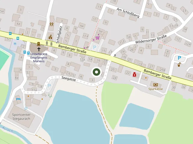 Stadtplan der Ortsmitte Stegaurach, die Seegasse 2 ist markiert. Öffnet OpenStreetMap.